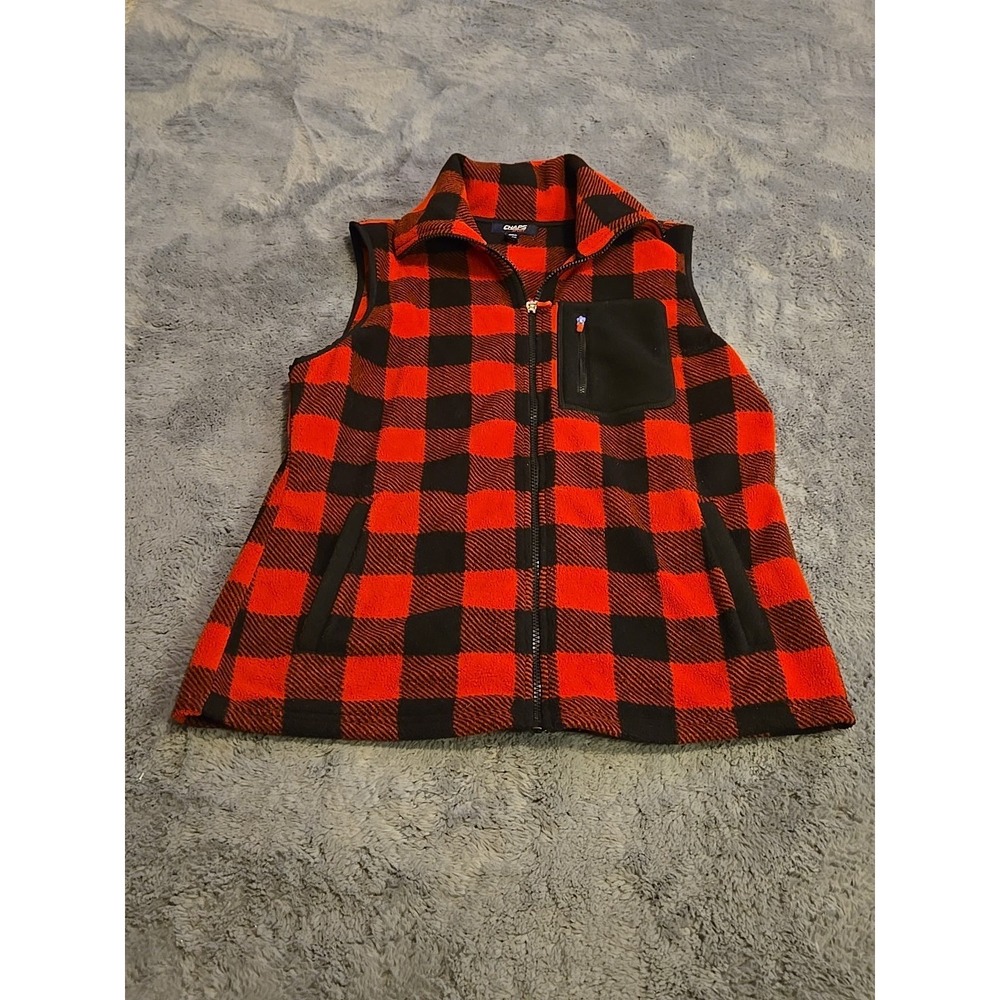 Chaps Women's Fleece Vest Medium M Red Black Buffalo Plaid Check Full Zip Pocket